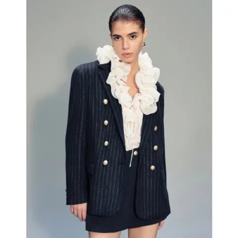 Elegant Navy Pinstripe Double-Breasted Blazer
